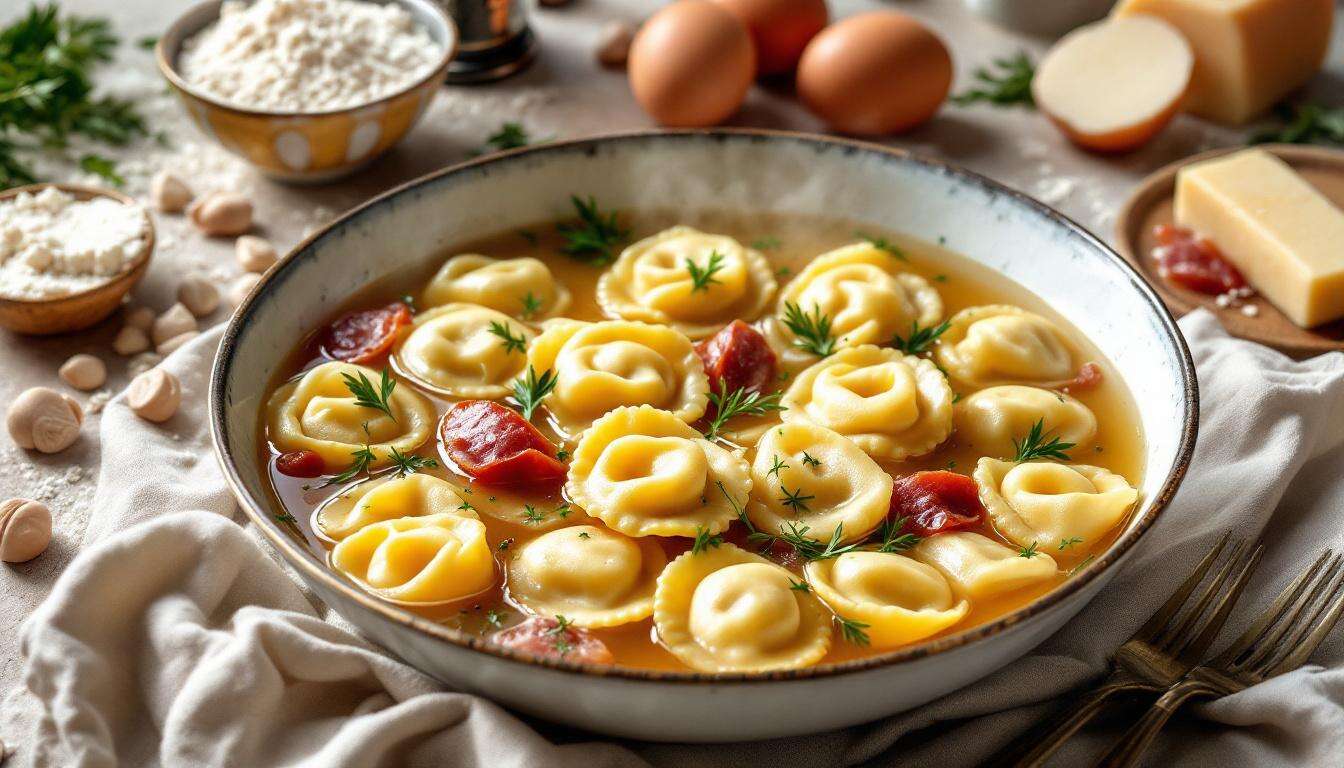 Tortellini in brodo fatti in casa: ripieno ricco e brodo di cappone limpido, passo passo