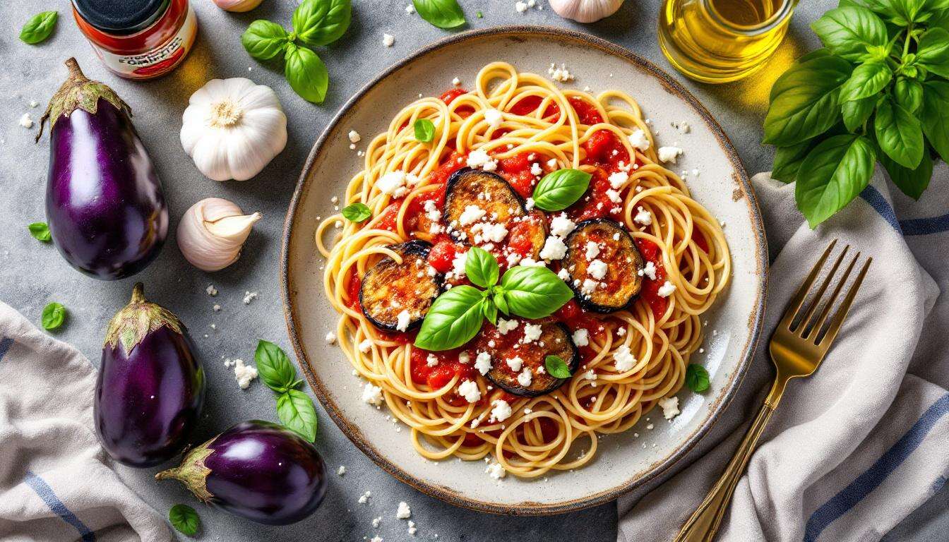 Spaghetti alla Norma con melanzane fritte, pomodoro e ricotta salata: piatto tipico siciliano pronto in poco tempo