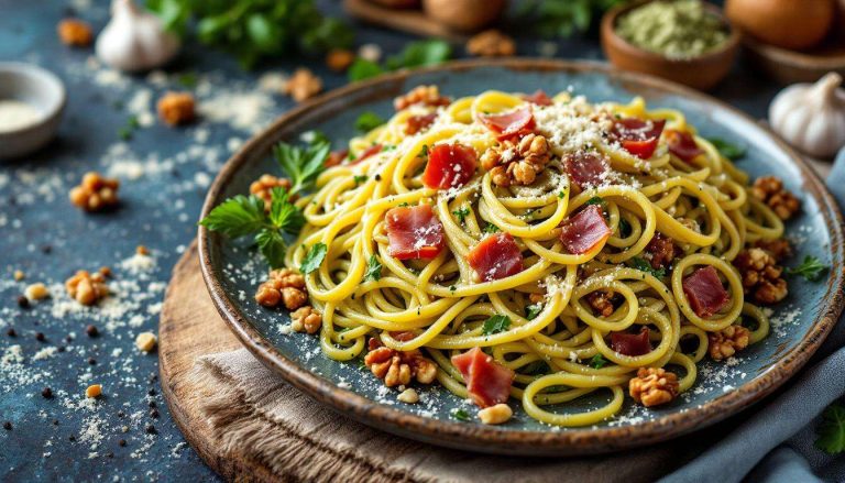 Linguine al pesto di noci e speck: cremose e pronte in pochi minuti