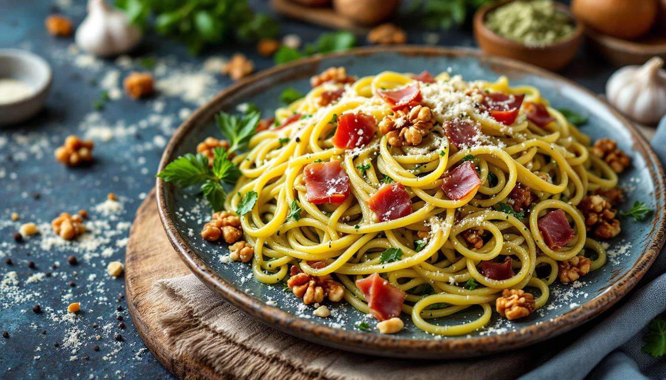 Linguine al pesto di noci e speck: cremose e pronte in pochi minuti