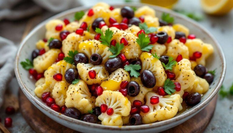 Insalata di cavolfiore al forno con olive taggiasche e melagrana: semplice e profumata