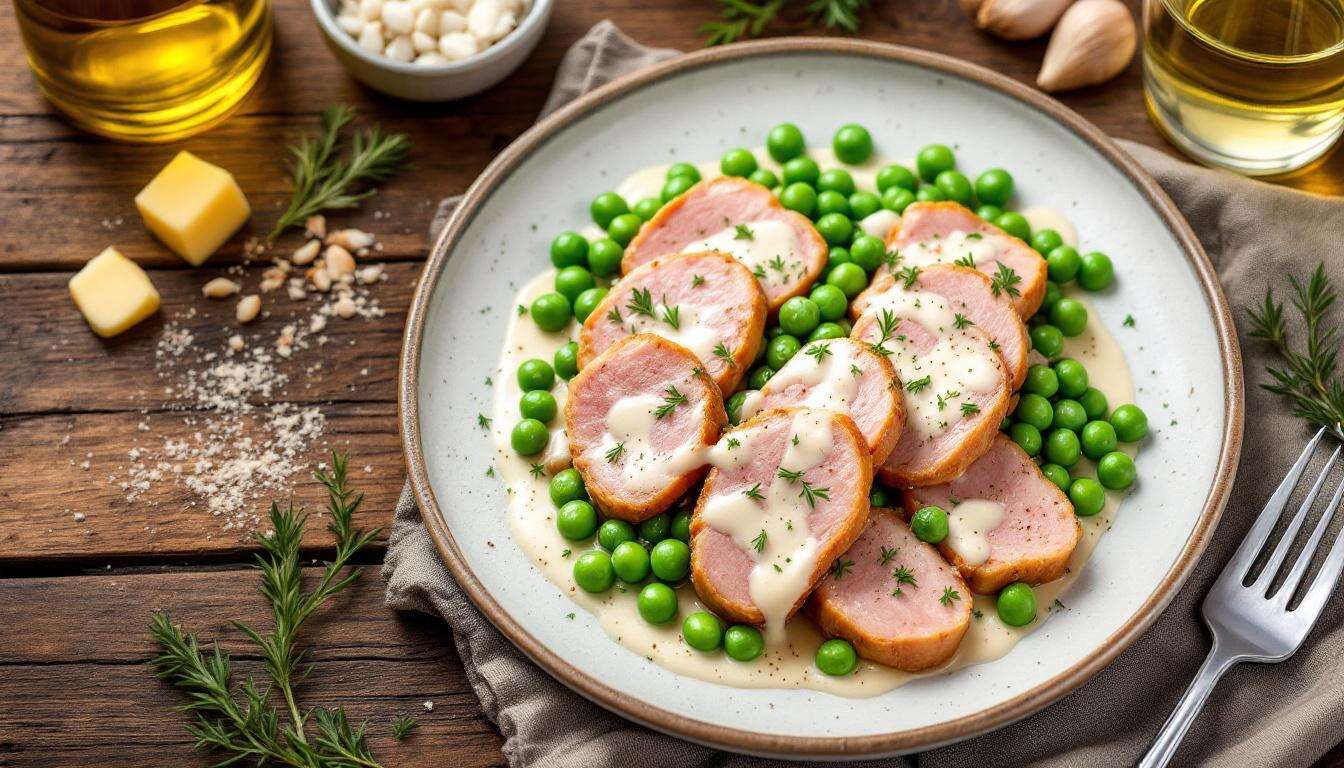 Scaloppine di maiale con piselli e panna: cremose e pronte in padella