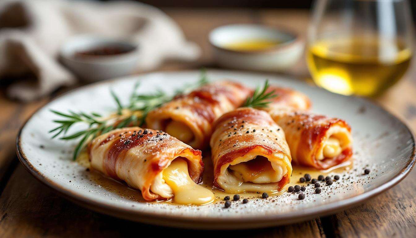 Involtini di pollo in padella con formaggio e prosciutto avvolti nella pancetta