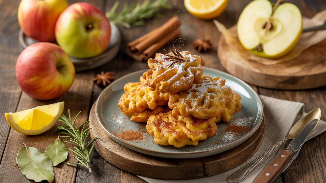 Frittelle di mele con pastella profumata all’alloro, rosmarino e limone