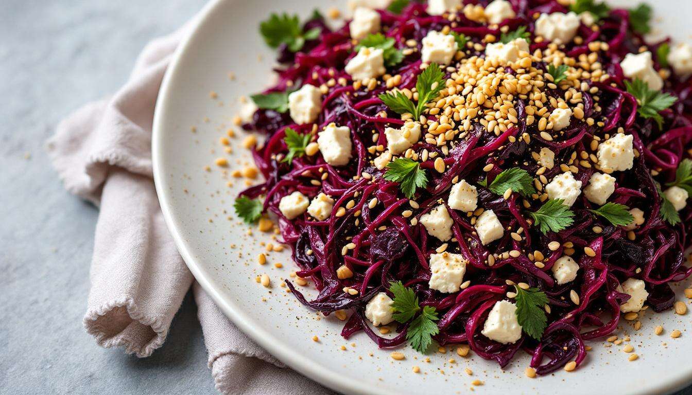Insalata di cavolo rosso con feta e noci: il riposo che la rende più tenera