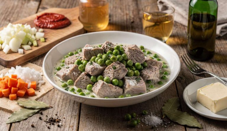 Spezzatino di maiale con piselli: leggera infarinatura e sugo cremoso