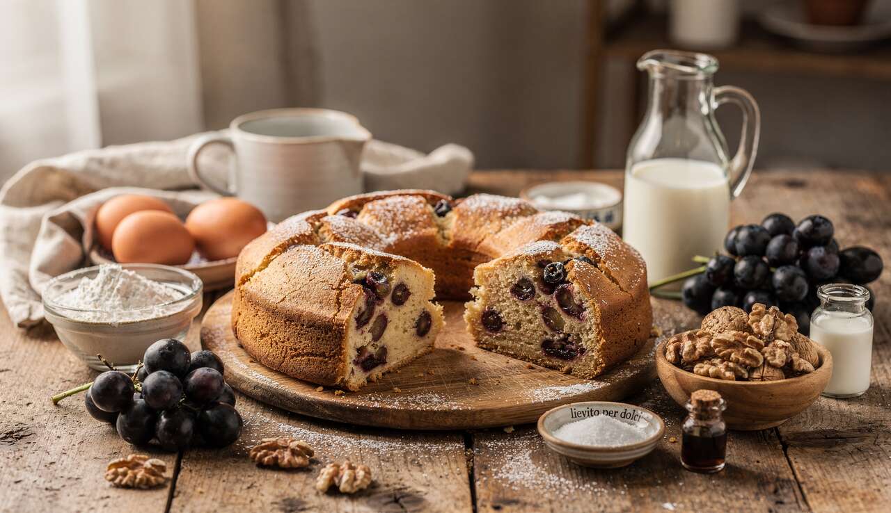 Ciambella all’uva e noci: soffice e umida, si prepara tutta in una ciotola