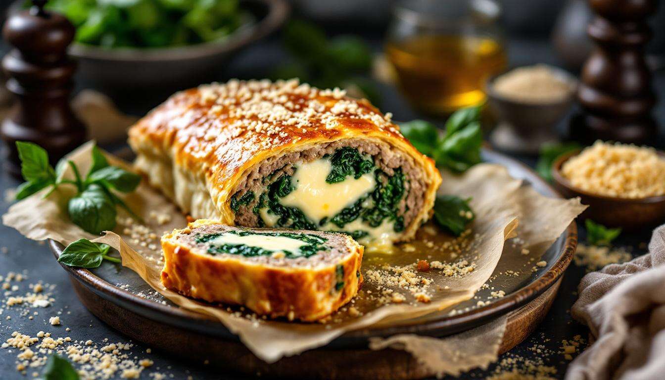 Polpettone in crosta con spinaci e formaggio: dorato fuori, morbido dentro