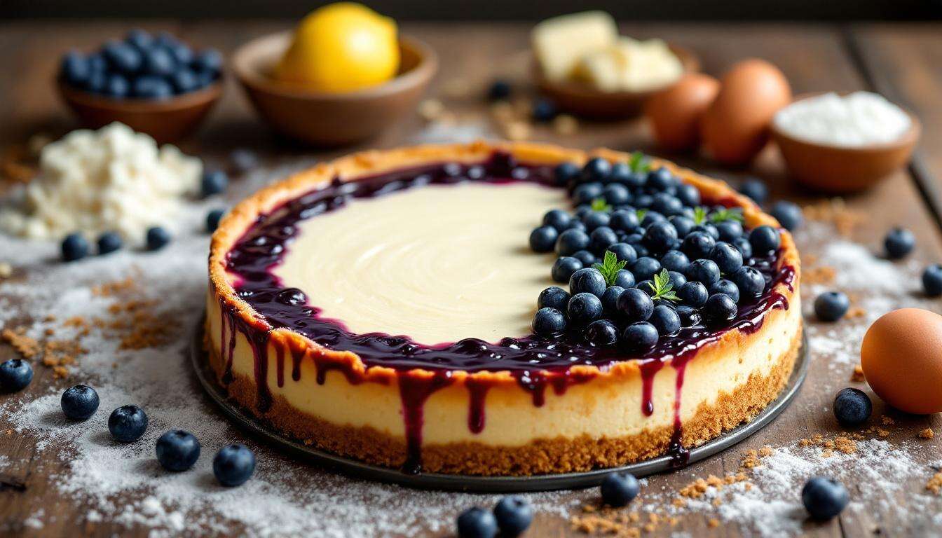 Cheesecake all’italiana al forno con ricotta e robiola: topping ai mirtilli
