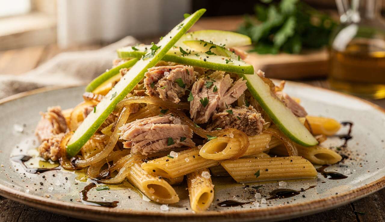 Pasta tonno, cipolle caramellate e mela verde: un primo agrodolce facile e diverso