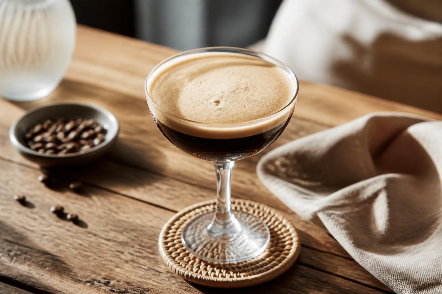 Caffè shakerato con schiuma cremosa servito in un bicchiere da cocktail, ghiaccio tritato visibile, sfondo chiaro estivo