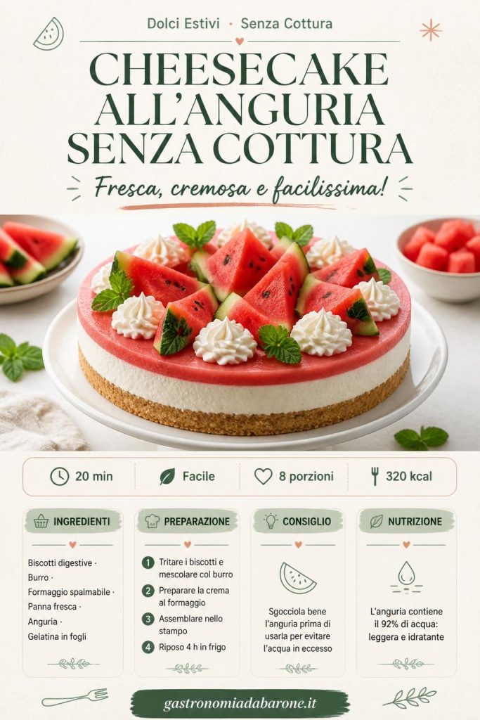 Cheesecake all'anguria senza cottura decorata con fettine di anguria e foglie di menta, vista dall'alto