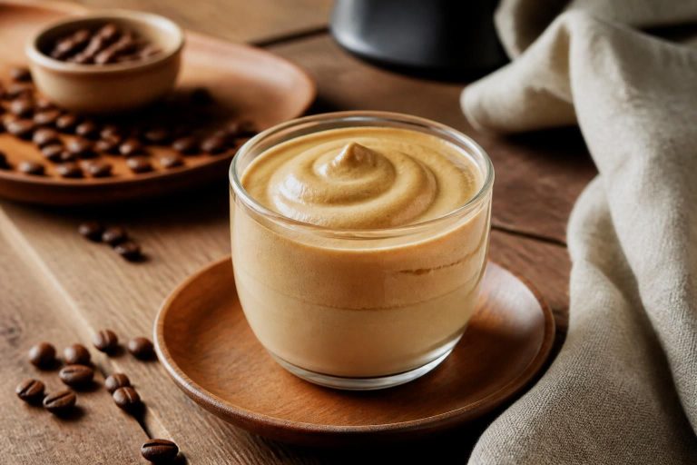 Crema al caffè senza panna servita in un bicchierino trasparente, densa e spumosa con una spolverata di cacao amaro