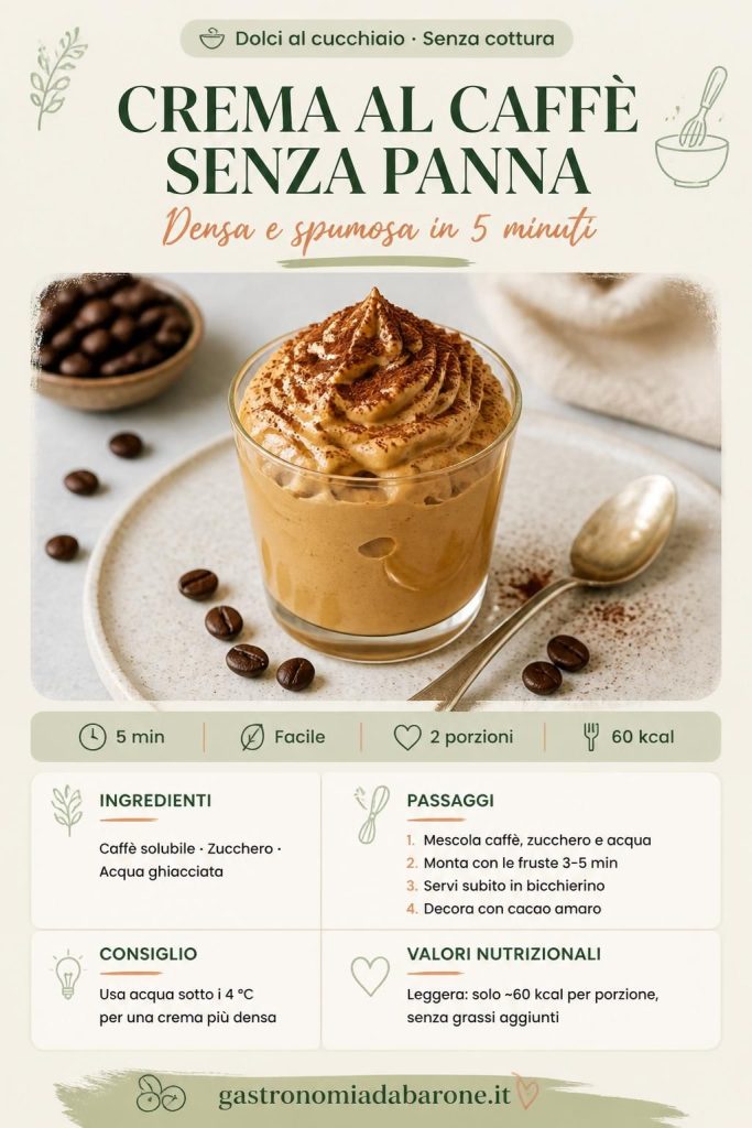 Crema al caffè senza panna in bicchierino trasparente con cacao amaro, su sfondo beige