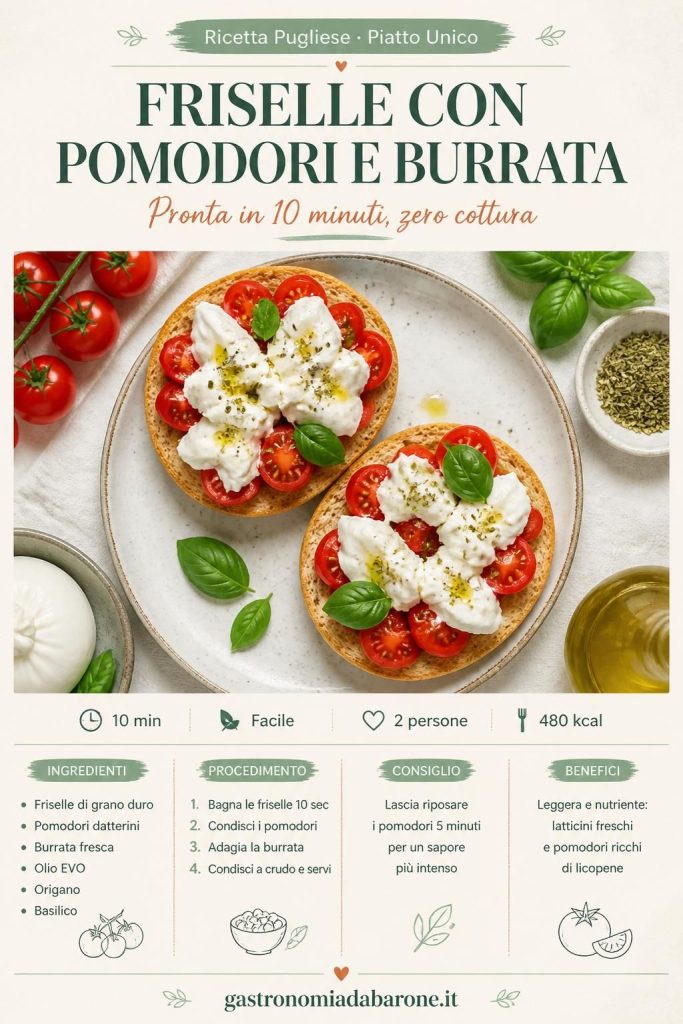 Friselle con pomodori datterini e burrata fresca, condite con olio EVO e basilico su sfondo chiaro