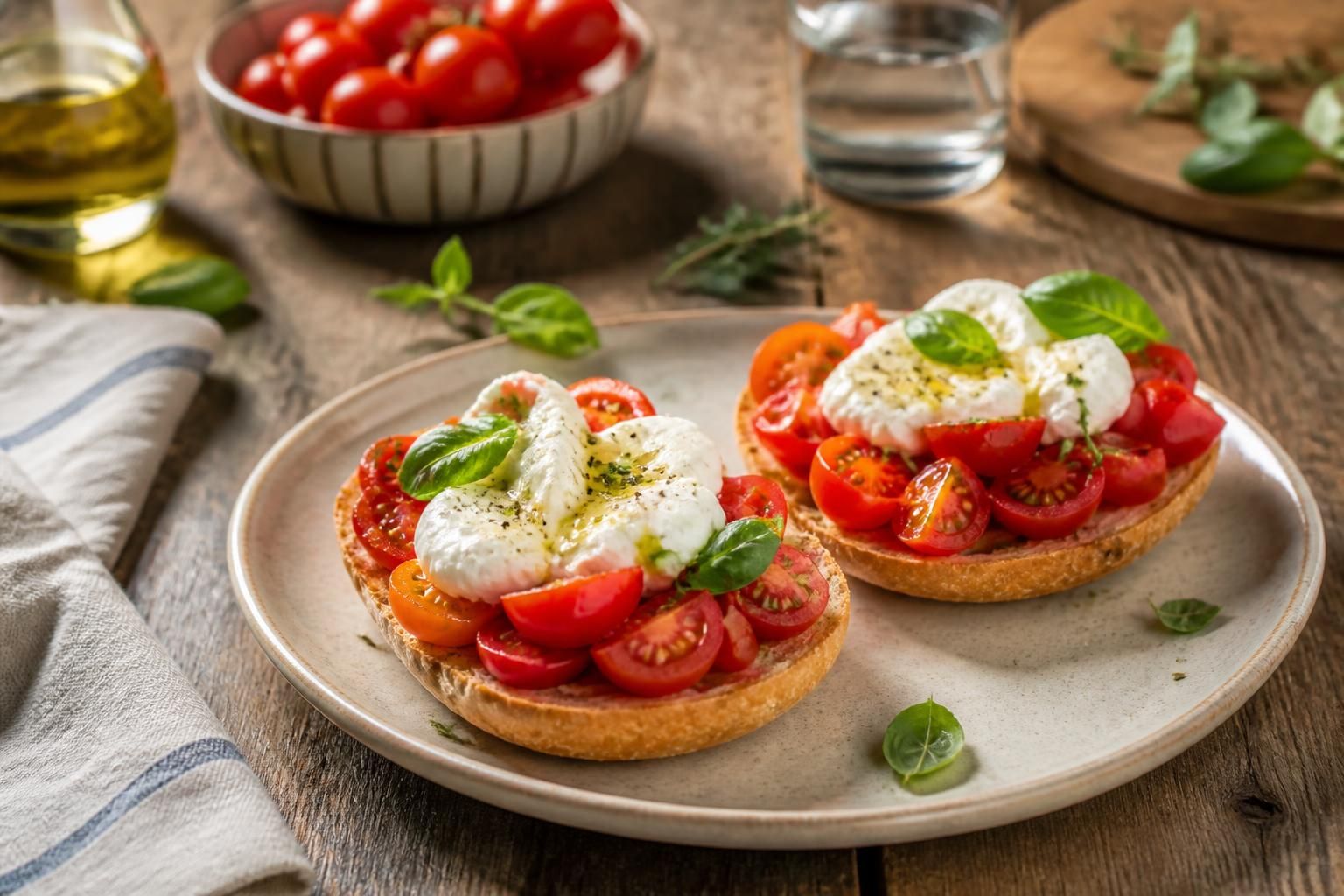 Friselle con pomodori datterini e burrata fresca su piatto rustico, condite con olio extravergine d'oliva e basilico fresco