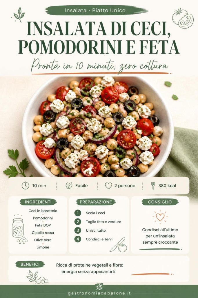 Insalata di ceci, pomodorini e feta in ciotola bianca con olive nere e cipolla rossa: ricetta estiva pronta in 10 minuti