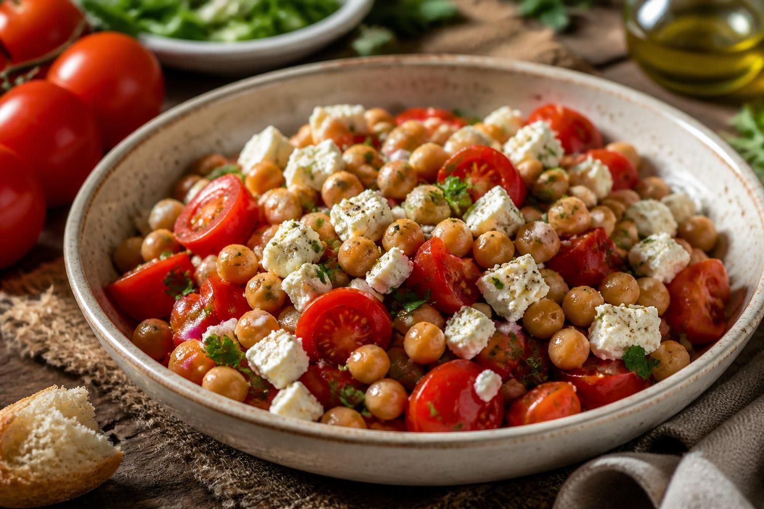 Insalata di ceci, pomodorini ciliegino e feta greca in una ciotola bianca, condita con olio extravergine di oliva e origano essiccato