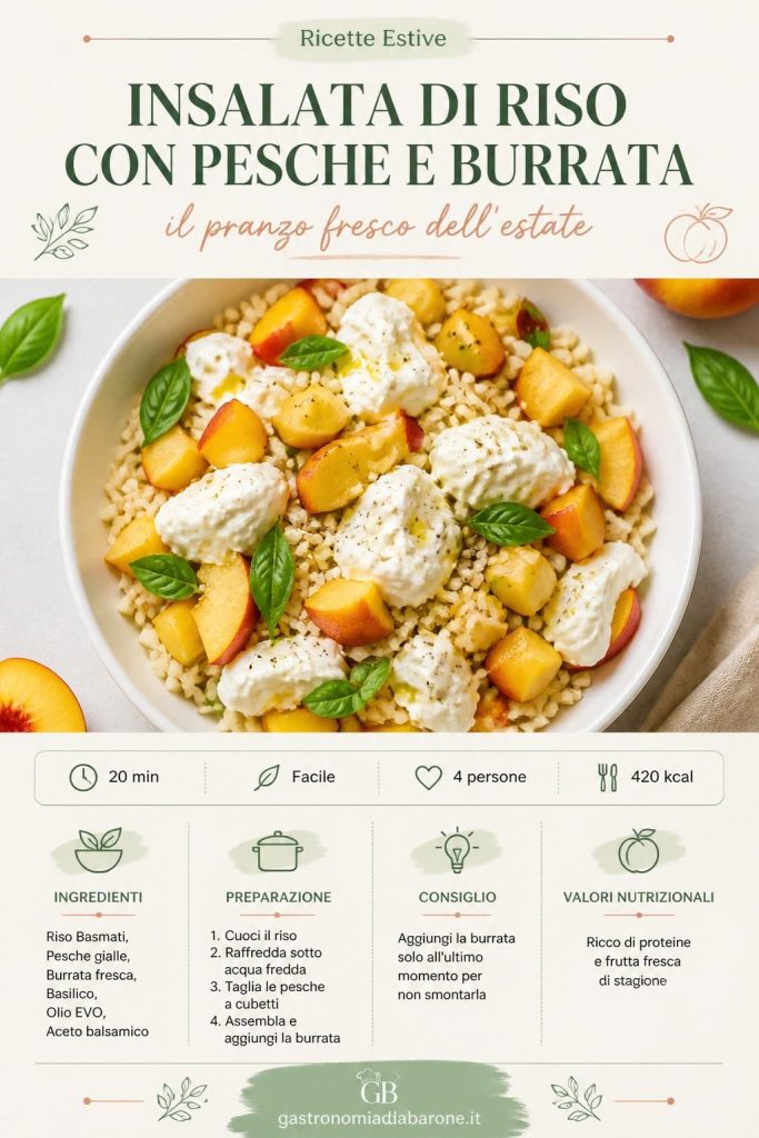 Insalata di riso con pesche e burrata in ciotola bianca, vista dall'alto, con basilico fresco e olio extravergine