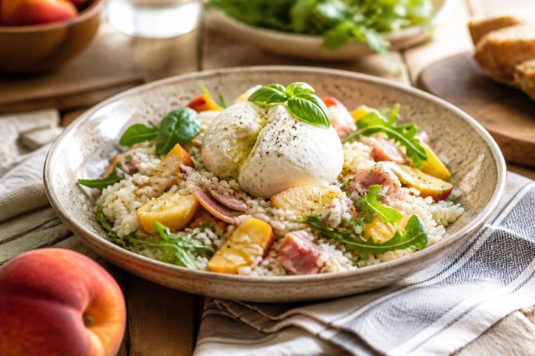 Insalata di riso con pesche e burrata: la ricetta fresca dell'estate