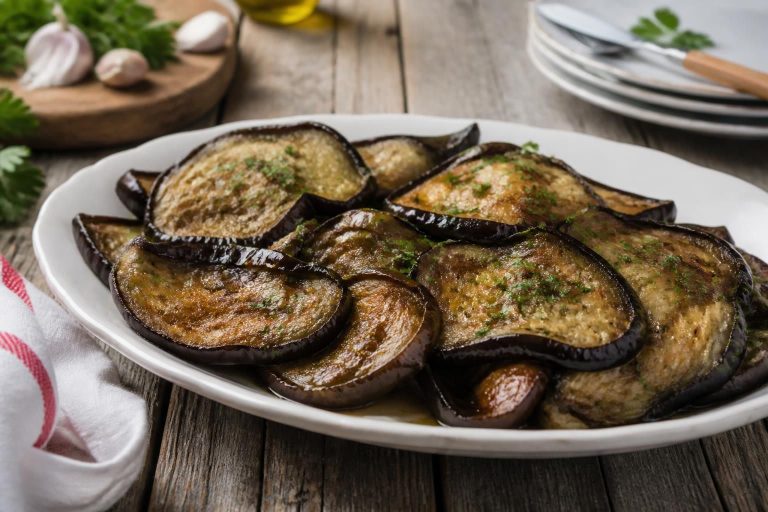 Melanzane alla scapece napoletane in un piatto di ceramica bianca, con foglie di menta fresca e aglio, su un tavolo di legno rustico