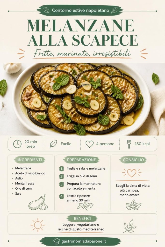 Melanzane alla scapece napoletane marinate con menta fresca e aglio, in un piatto di ceramica bianca