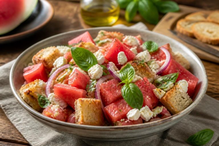 Panzanella con anguria e feta in un piatto da portata, con menta fresca, olive taggiasche e cipolla rossa di Tropea, su sfondo estivo chiaro