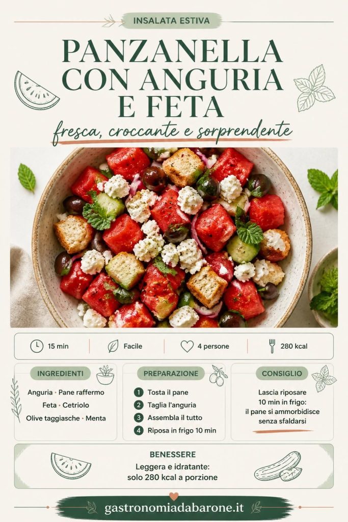 Panzanella con anguria e feta in un piatto da portata, con menta e olive taggiasche
