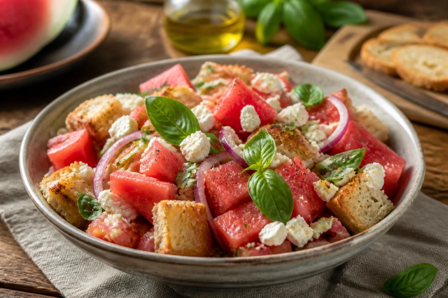 Panzanella con anguria e feta in un piatto da portata, con menta fresca, olive taggiasche e cipolla rossa di Tropea, su sfondo estivo chiaro