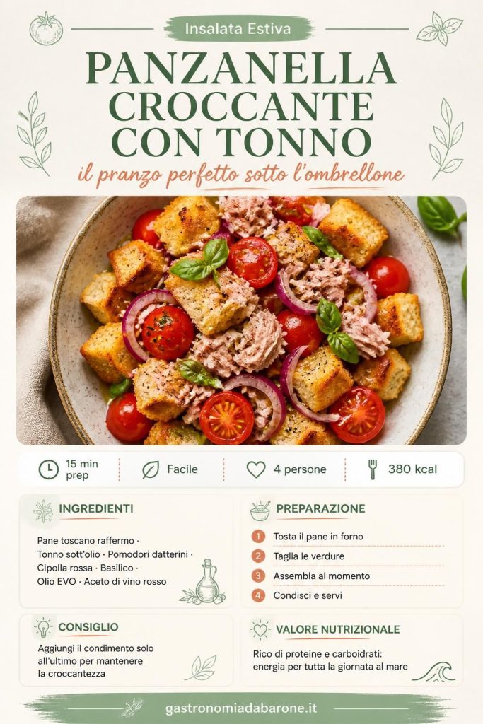 Panzanella croccante con tonno in ciotola rustica: pomodori datterini, basilico, pane tostato e cipolla rossa