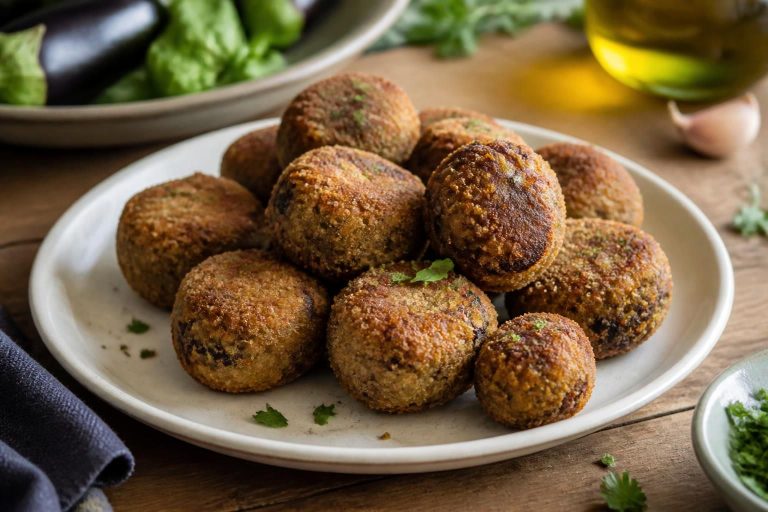 Polpette di melanzane in padella dorate e croccanti, servite su un piatto rustico con prezzemolo fresco