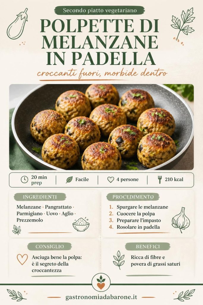 Polpette di melanzane in padella croccanti su piatto rustico con prezzemolo fresco