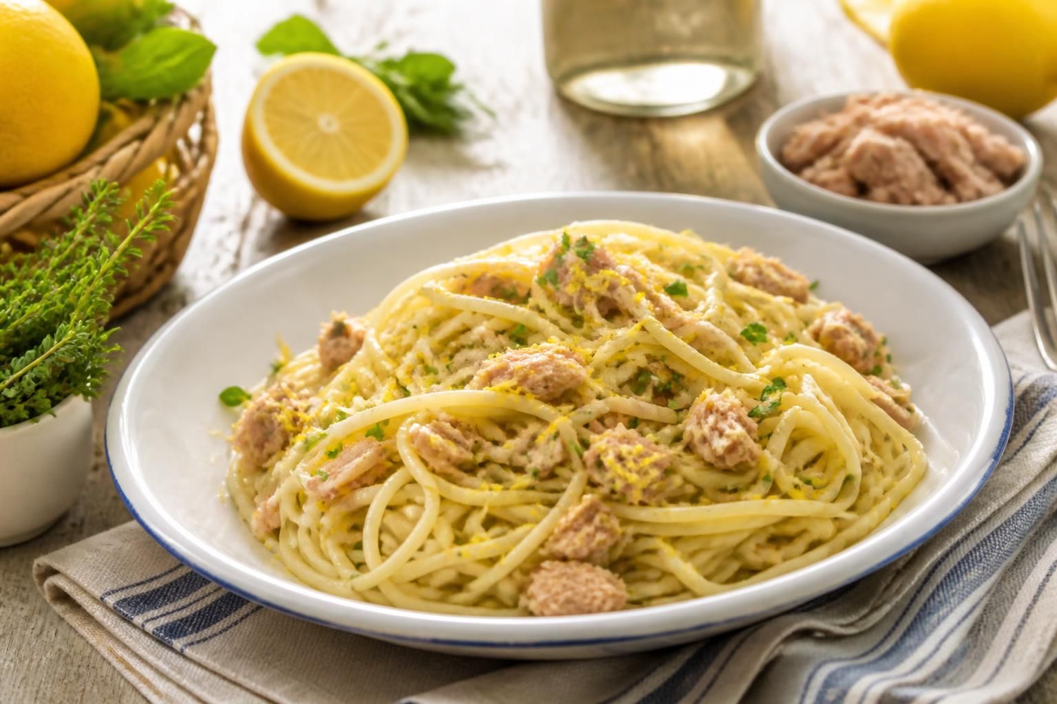 Spaghetti freddi al limone e tonno serviti in un piatto bianco con scorza di limone grattugiata, basilico fresco e olio extravergine d'oliva, su un tavolo di legno chiaro in estate