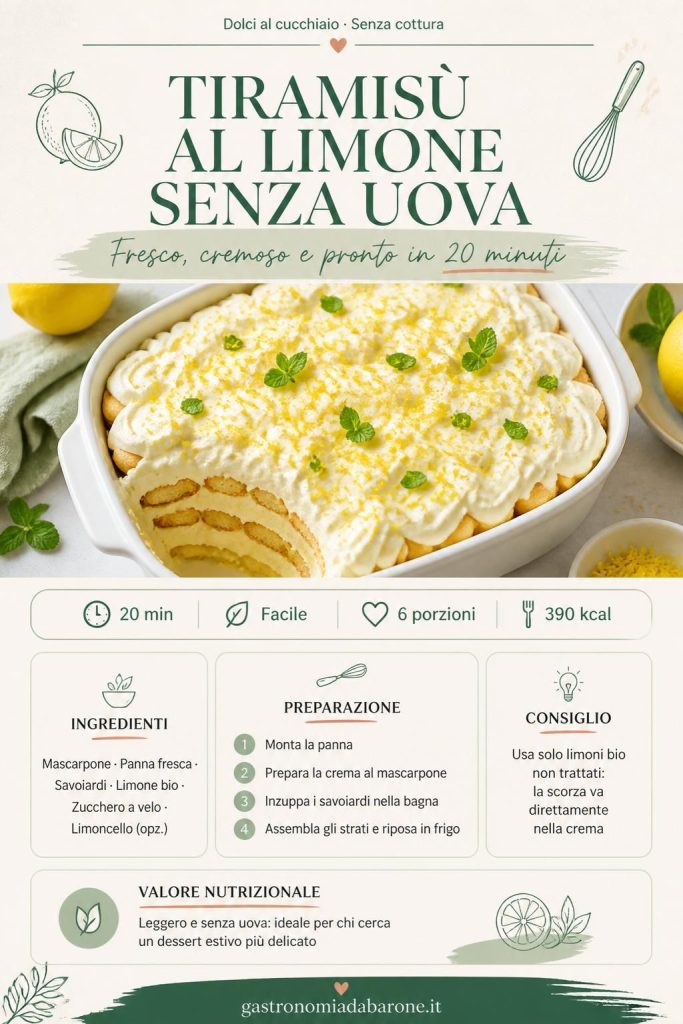 Tiramisù al limone senza uova in pirofila bianca, strati di crema al mascarpone e savoiardi decorati con scorza di limone grattugiata