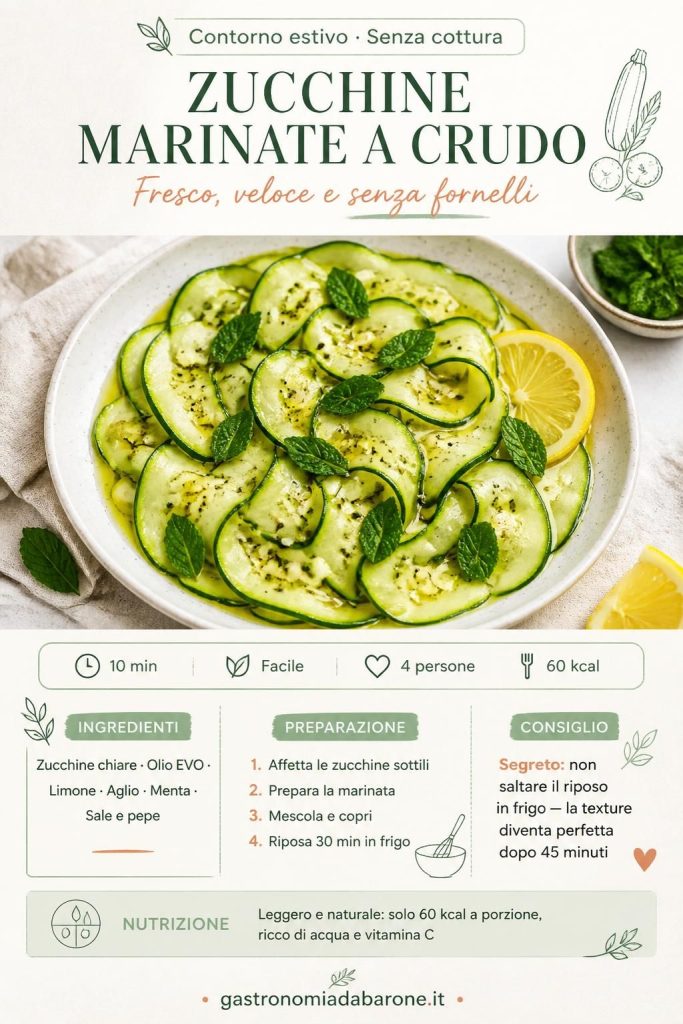 Zucchine marinate a crudo con olio extravergine, limone, aglio e menta fresca in un piatto bianco